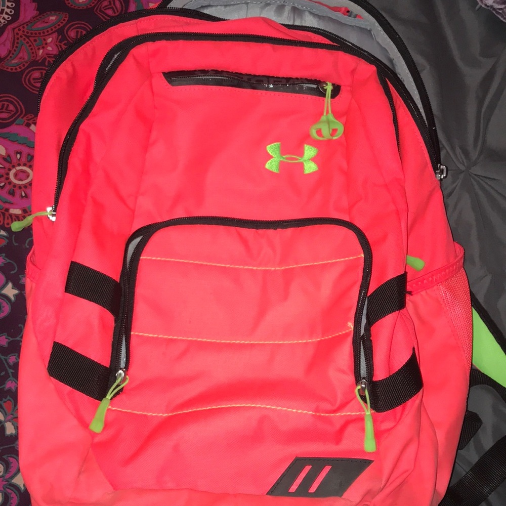 Bright Coral and neon green Underarmour backpack